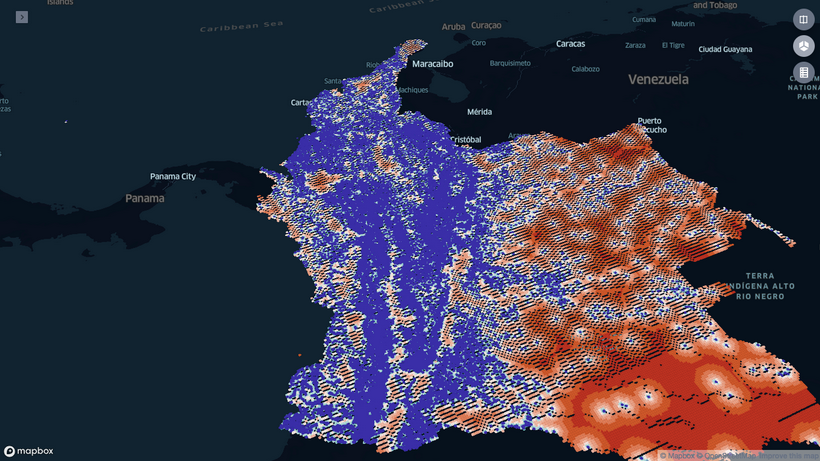 A kepler.gl visualization of schools color-coded by distance to health facility.
